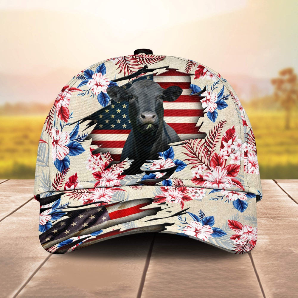 Black Angus American Flag Flowers Pattern Cap, Farmer Cap, Vintage Farmer Hat, Mens Farmer Hats, Cap For Farmers