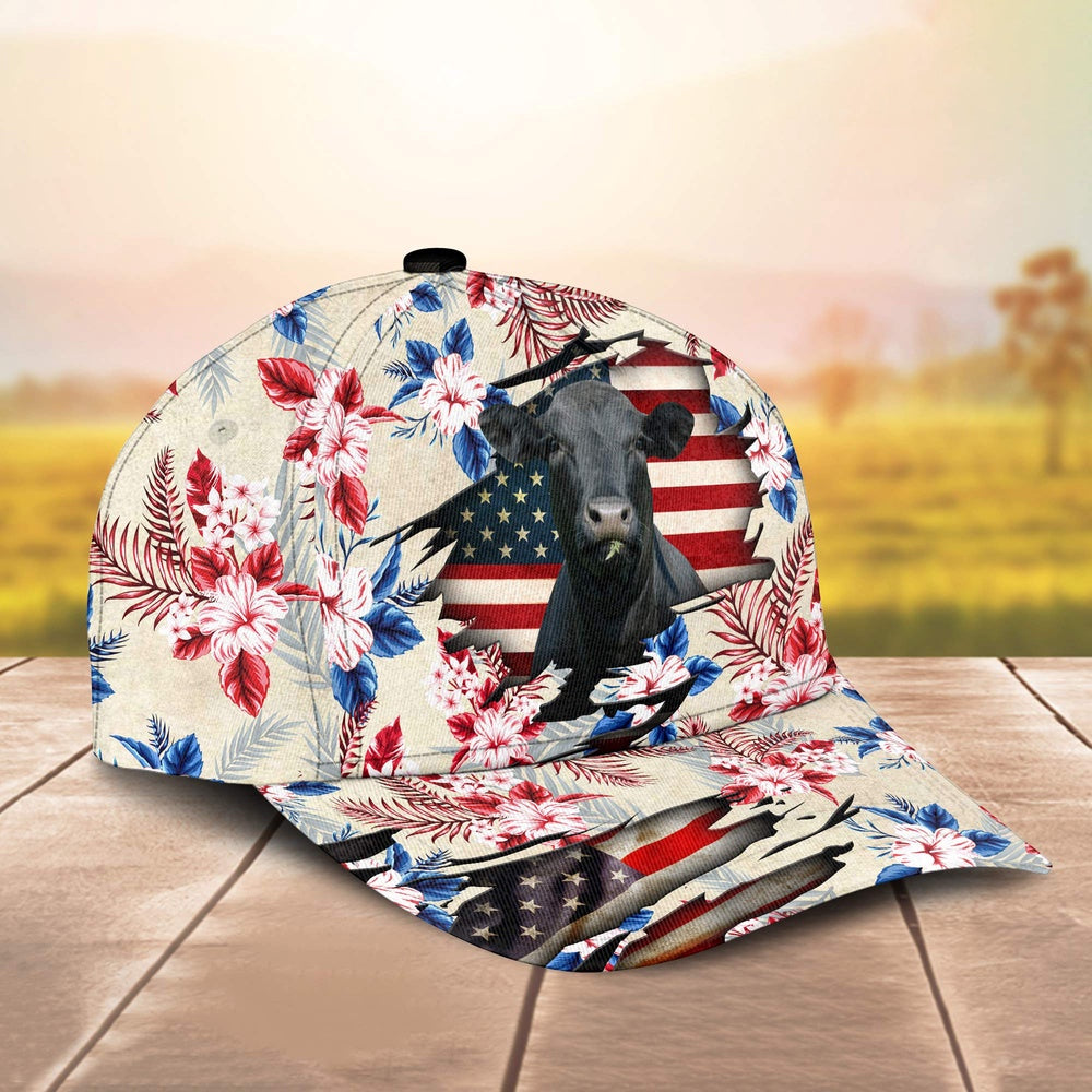 Black Angus American Flag Flowers Pattern Cap, Farmer Cap, Vintage Farmer Hat, Mens Farmer Hats, Cap For Farmers