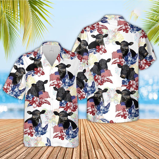 Black Angus American Flowers And Flag Pattern Hawaiian Shirt, Farm Hawaiian Shirt, Farmer Hawaii