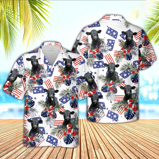 Black Angus American Little Flowers And Flag Pattern Hawaiian Shirt, Farm Hawaiian Shirt, Farmer Hawaii