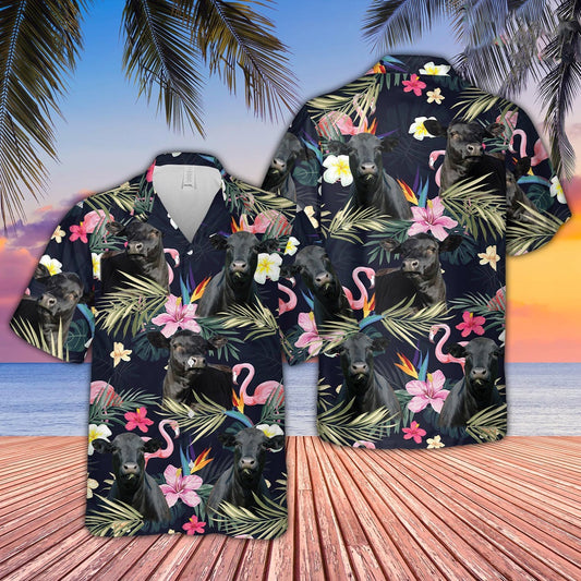 Black Angus And Flamingo Flower Pattern Hawaiian Shirt, Farm Hawaiian Shirt, Farmer Hawaii
