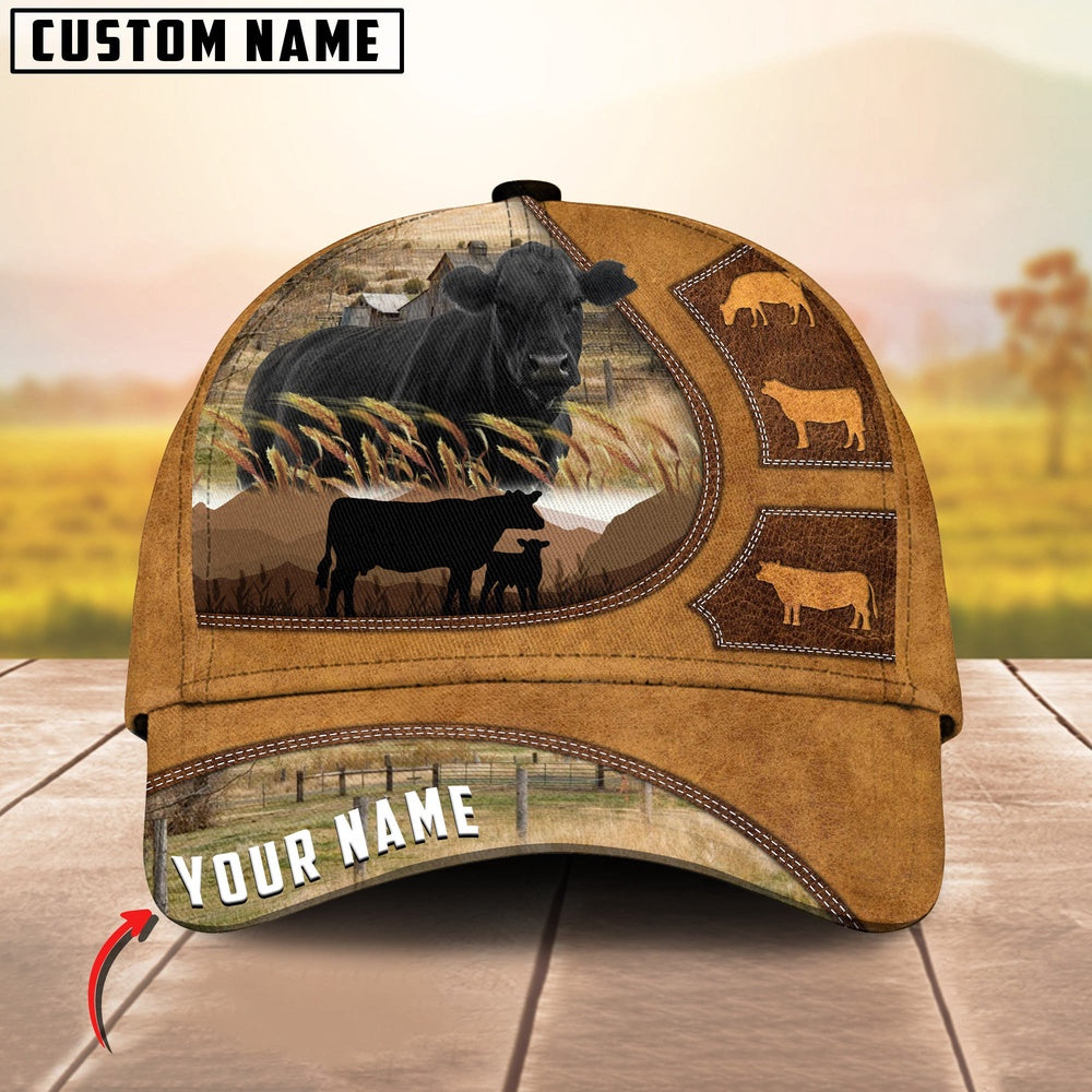 Black Angus Art On Farm Yellow Leather Pattern Customized 3D Cap, Farmer Cap, Vintage Farmer Hat, Mens Farmer Hats, Cap For Farmers