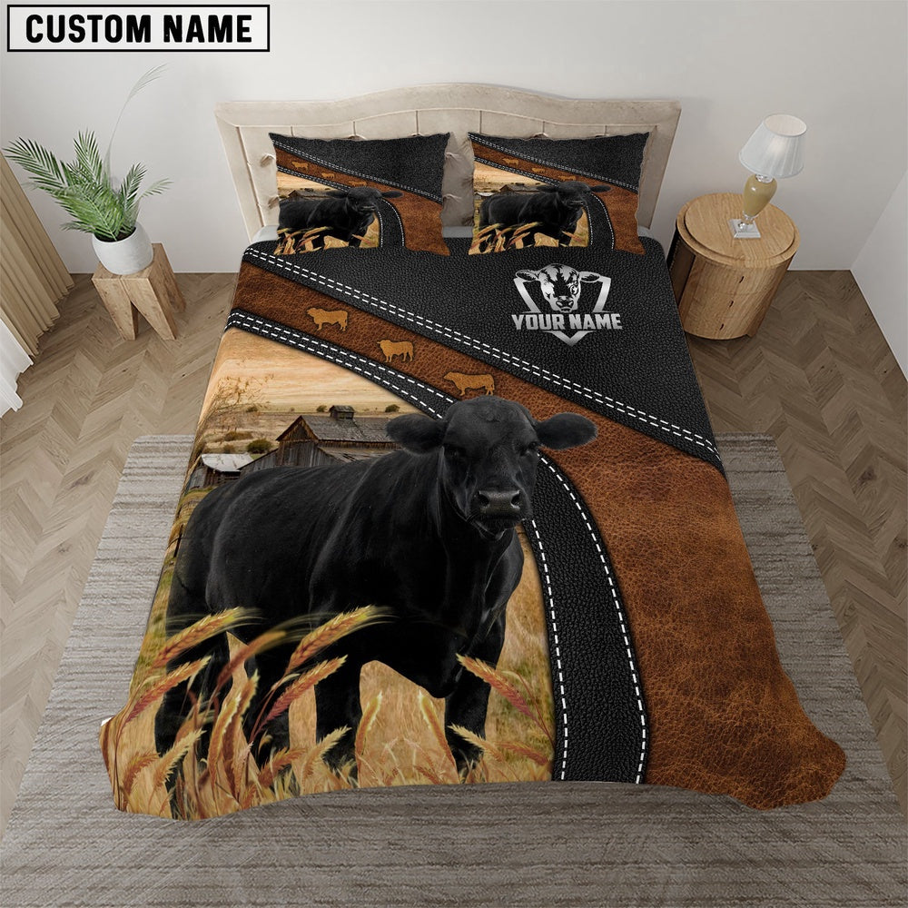 Black Angus Black Leather Premium Pattern Customized Name Bedding Set, Farm Bedding Set, Farmhouse Bedding Set