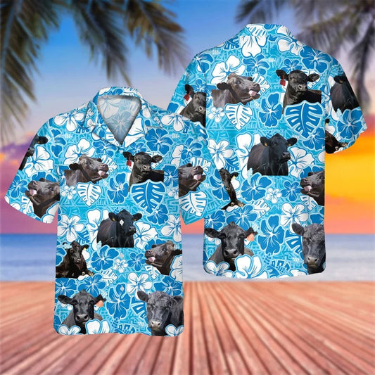 Black Angus Blue Floral Hawaiian All Over Printed Hawaiian Shirt, Farm Hawaiian Shirt, Farmer Hawaii