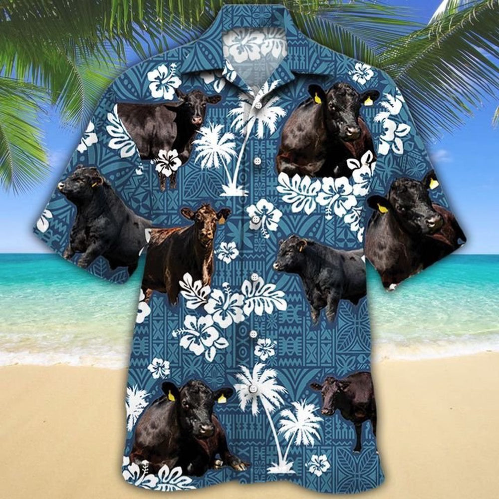 Black Angus Blue Tribal All Over Printed Hawaiian Shirt, Farm Hawaiian Shirt, Farmer Hawaii