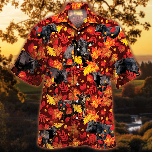 Black Angus Cattle Autumn Leaves All Over Printed Hawaiian Shirt, Farm Hawaiian Shirt, Farmer Hawaii