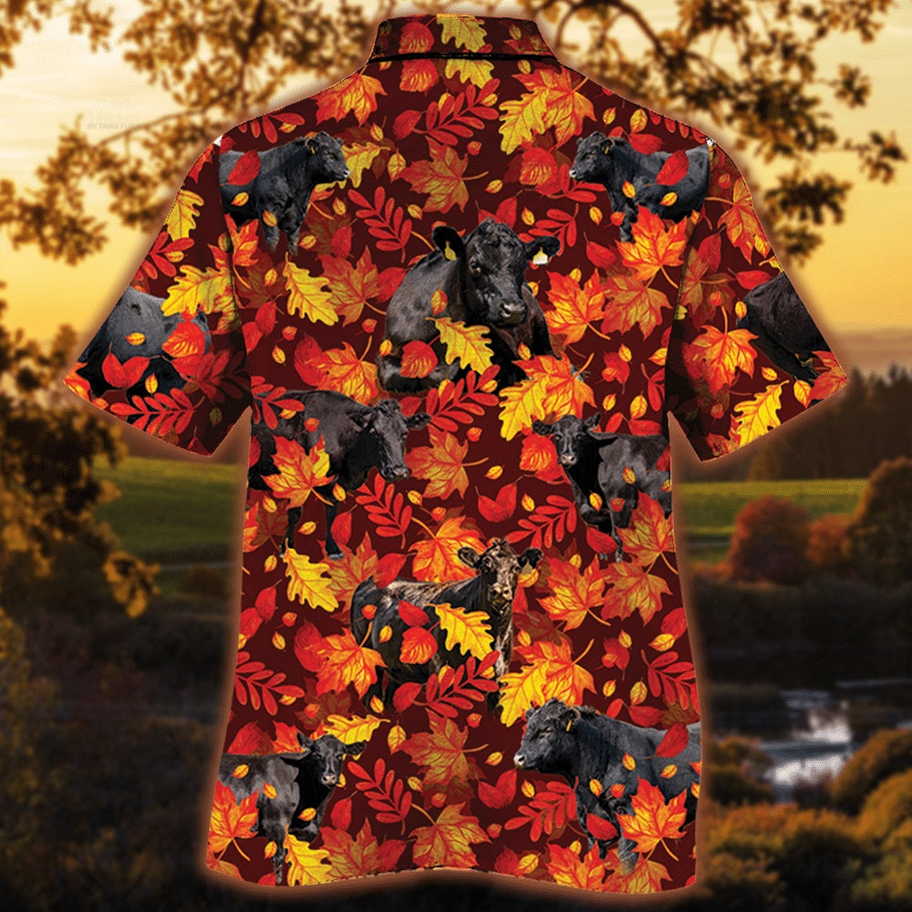 Black Angus Cattle Autumn Leaves All Over Printed Hawaiian Shirt, Farm Hawaiian Shirt, Farmer Hawaii
