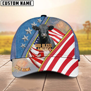Black Angus Cattle Blue Denim Pattern Customized Name Cap, Farmer Cap, Vintage Farmer Hat, Mens Farmer Hats, Cap For Farmers