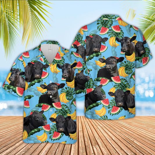 Black Angus Cattle Blue Tropical Fruits Pattern Hawaiian Shirt, Farm Hawaiian Shirt, Farmer Hawaii