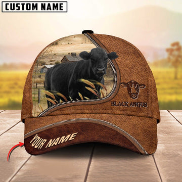 Black Angus Cattle Brown Leather Zip Pattern Customized Name Cap, Farmer Cap, Vintage Farmer Hat, Mens Farmer Hats, Cap For Farmers