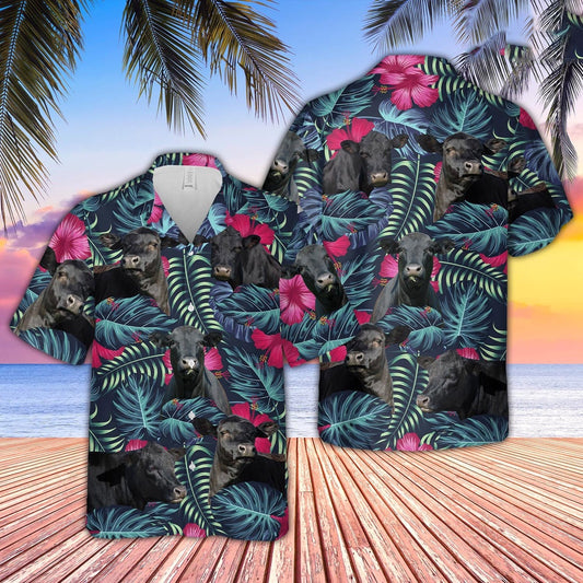 Black Angus Cattle Floral Tropical Leaves Pattern Hawaiian Shirt, Farm Hawaiian Shirt, Farmer Hawaii