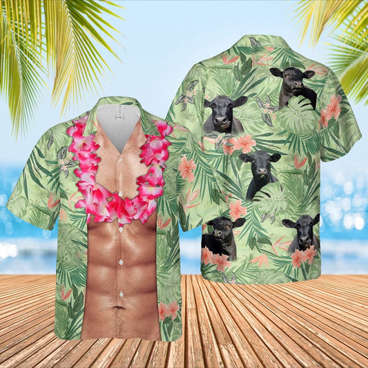 Black Angus Cattle Funny 6-pack Body Hawaiian Shirt, Farm Hawaiian Shirt, Farmer Hawaii