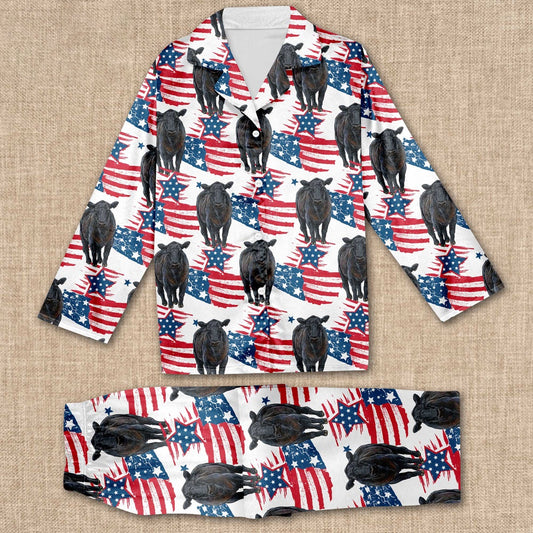 Black Angus Cattle Happy US Flag Pattern All Over Print Pajamas Sets, Farm Pajamas, Farm Animal Pajamas, Christmas Farm Pajamas