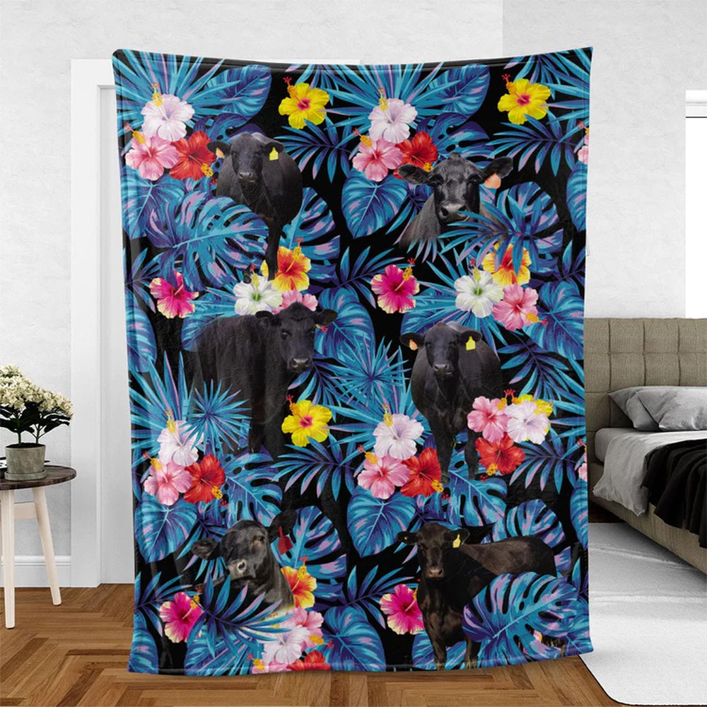 Black Angus Cattle Hawaiian Pattern Blanket, Farm Blanket, Farm Animal Blanket