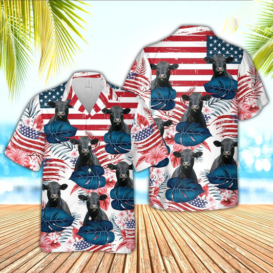 Black Angus Cattle Hibiscus Pattern US Flag Hawaiian Shirt, Farm Hawaiian Shirt, Farmer Hawaii
