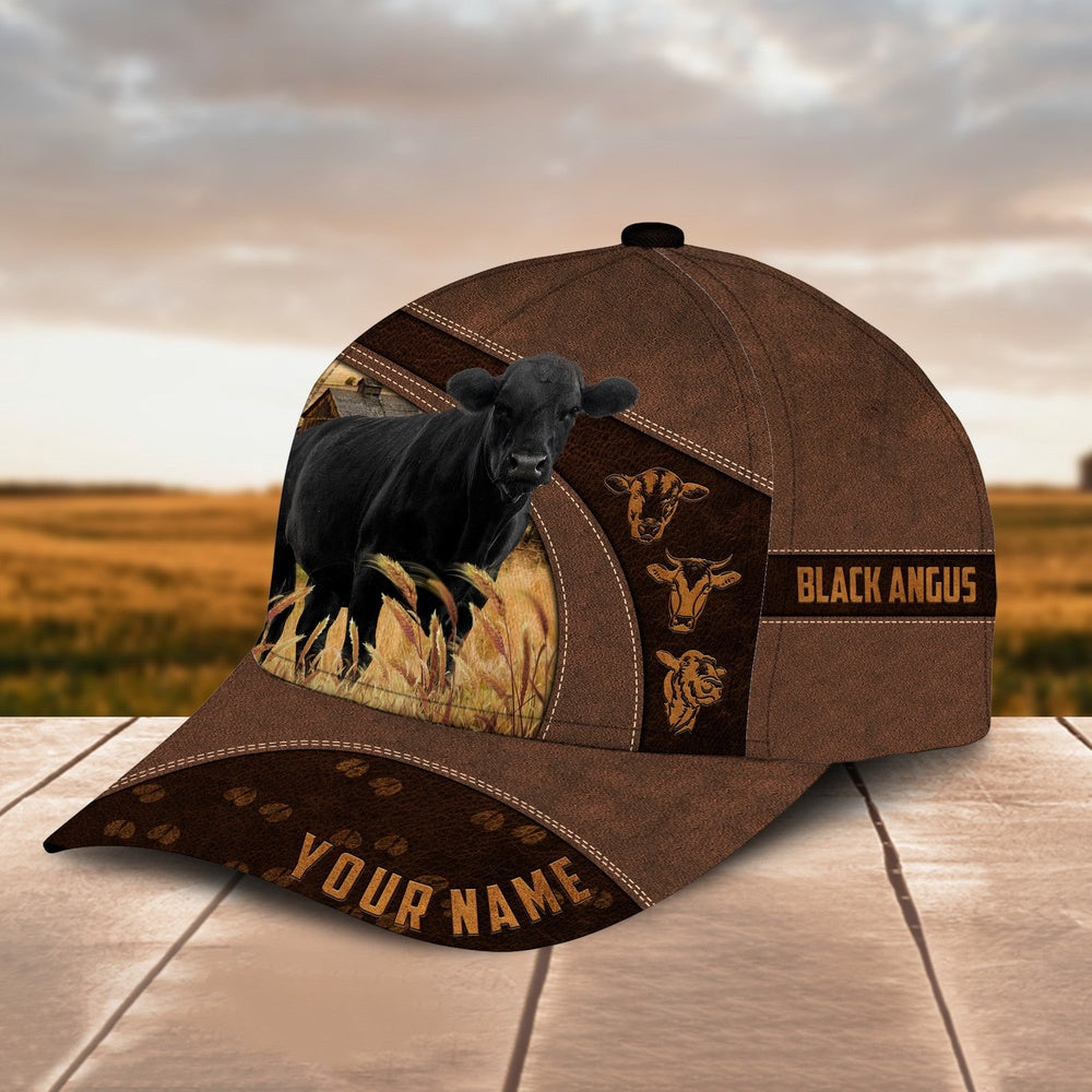 Black Angus Cattle Leather Pattern Customized Name Cap, Farmer Cap, Vintage Farmer Hat, Mens Farmer Hats, Cap For Farmers