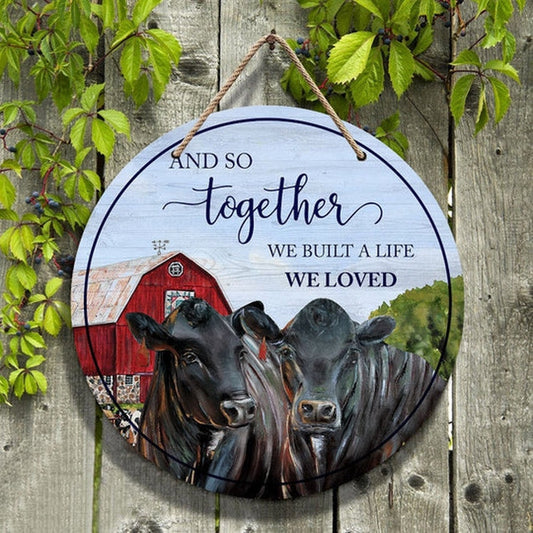 Black Angus Cattle Lovers And So Together Round Happy Halloween Wooden Sign, Farm Wood Sign, Farmhouse Decor Wooden Signs