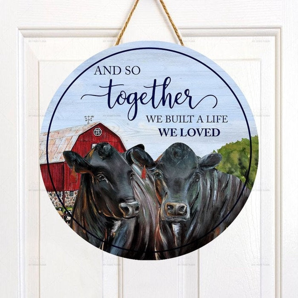 Black Angus Cattle Lovers And So Together Round Happy Halloween Wooden Sign, Farm Wood Sign, Farmhouse Decor Wooden Signs