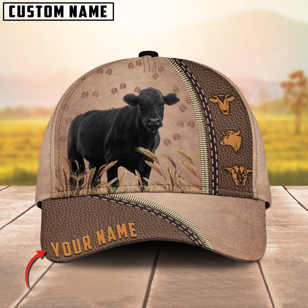 Black Angus Cattle Personalized Name Brown Leather Pattern Cap, Farmer Cap, Vintage Farmer Hat, Mens Farmer Hats, Cap For Farmers