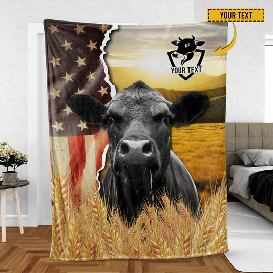 Black Angus Cattle Personalized Name U.S Flag Blanket, Farm Blanket, Farm Animal Blanket