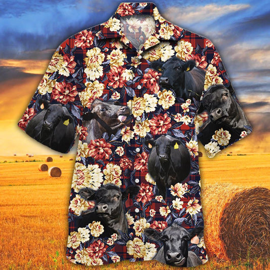 Black Angus Cattle Red Plaid Pattern All Over Printed Hawaiian Shirt, Farm Hawaiian Shirt, Farmer Hawaii