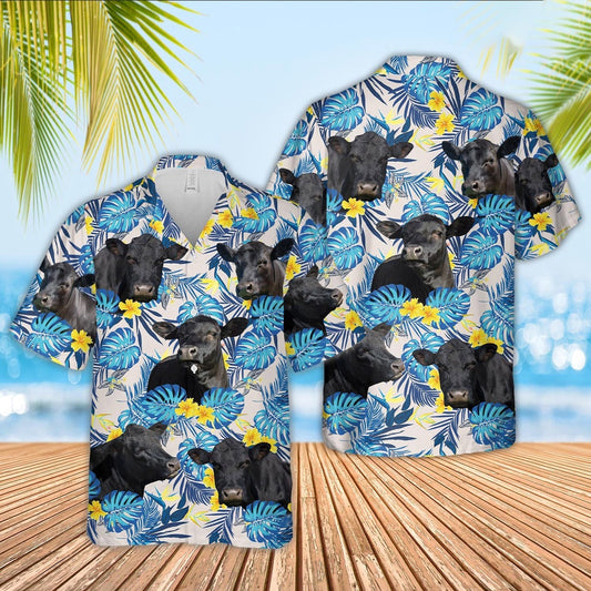 Black Angus Cattle Tropical Blue Palm Leaves Hawaiian Shirt, Farm Hawaiian Shirt, Farmer Hawaii