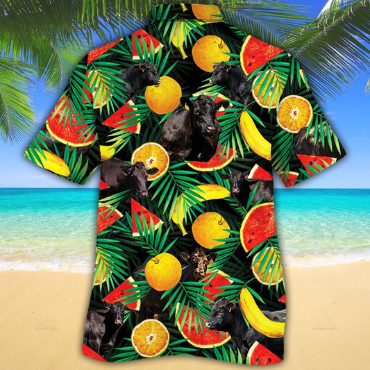 Black Angus Cattle Tropical Fruits All Over Printed Hawaiian Shirt, Farm Hawaiian Shirt, Farmer Hawaii