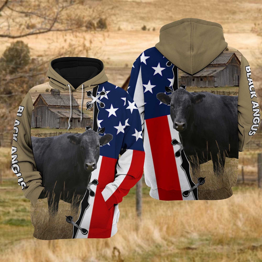 Black Angus Cattle US Flag All Over Printed Hoodie, Farmer Hoodie, Farm Themed Shirts, Farm Tee Shirts