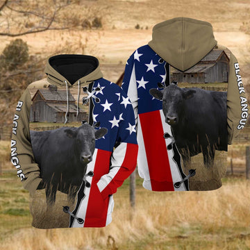 Black Angus Cattle US Flag All Over Printed Hoodie, Farmer Hoodie, Farm Themed Shirts, Farm Tee Shirts