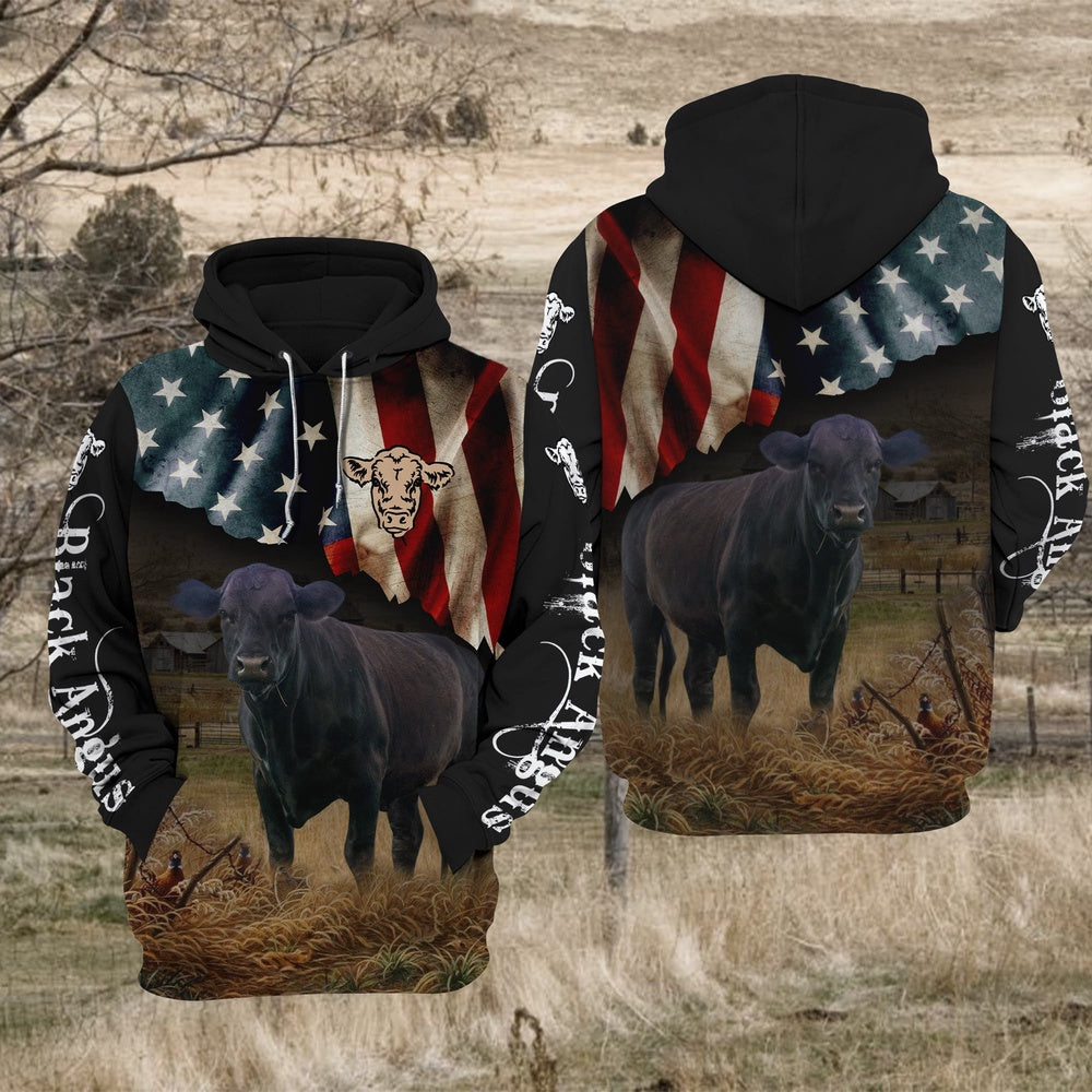 Black Angus Cattle US Flag All Over Printed Hoodie TT, Farmer Hoodie, Farm Themed Shirts, Farm Tee Shirts