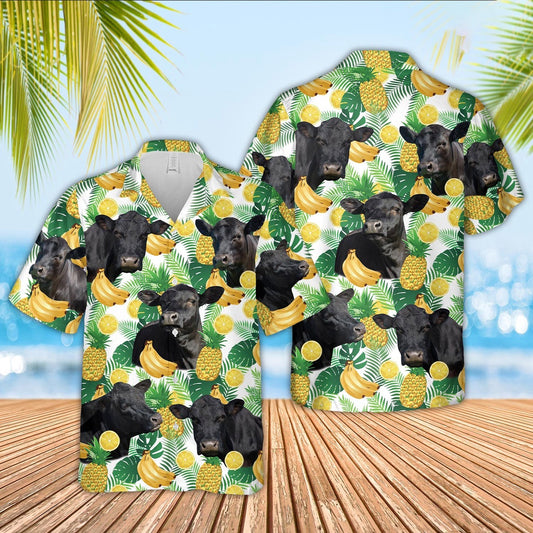Black Angus Cattle White Tropical Fruits Pattern Hawaiian Shirt, Farm Hawaiian Shirt, Farmer Hawaii