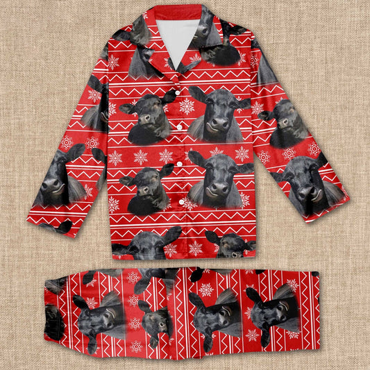 Black Angus Christmas Pattern All Over Print Pajamas Sets, Farm Pajamas, Farm Animal Pajamas, Christmas Farm Pajamas