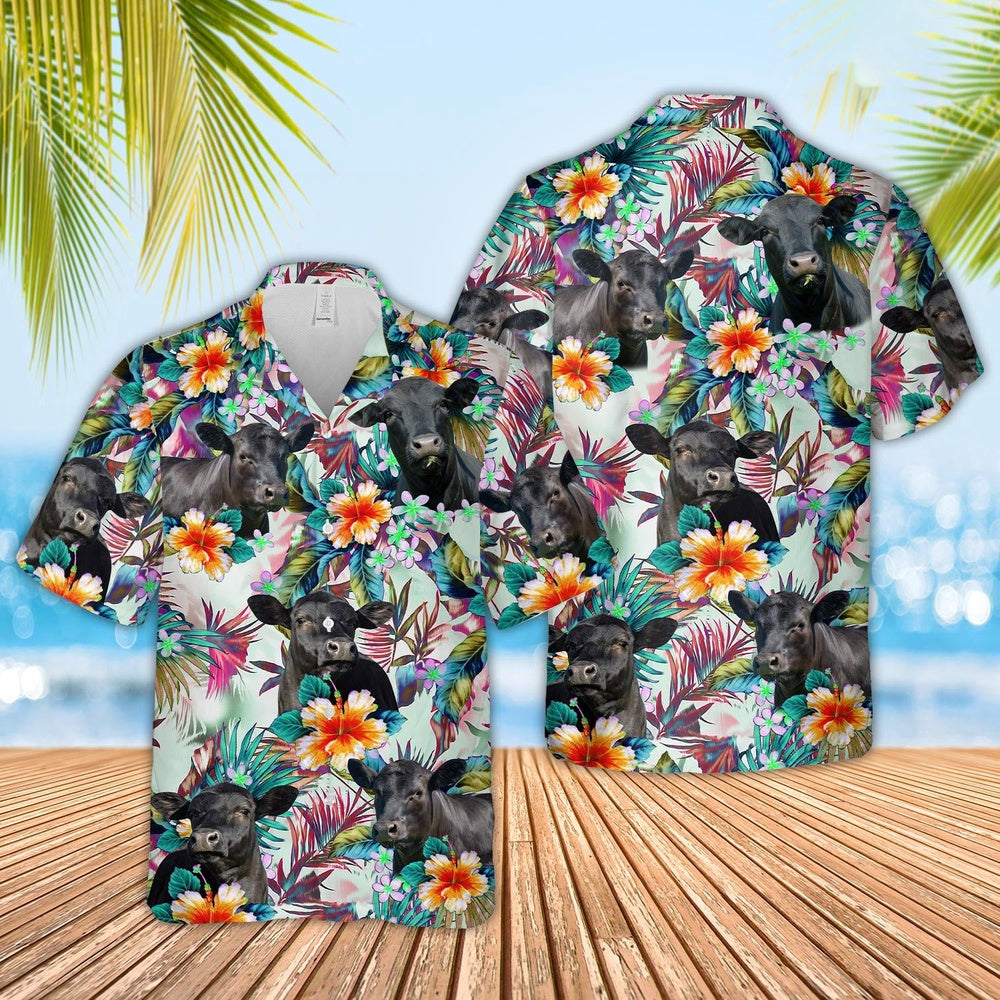 Black Angus Cows with Flowers Hawaiian Shirt, Farm Hawaiian Shirt, Farmer Hawaii