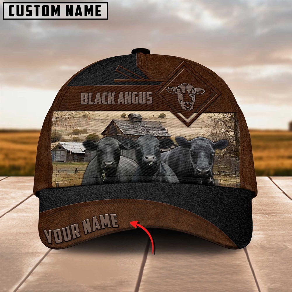Black Angus Custom Name Brown Leather Pattern Cap, Farmer Cap, Vintage Farmer Hat, Mens Farmer Hats, Cap For Farmers