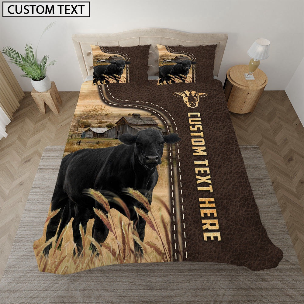 Black Angus Custom Text Leather Pattern Bedding Set, Farm Bedding Set, Farmhouse Bedding Set