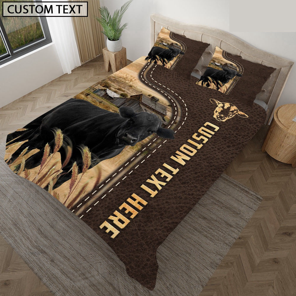 Black Angus Custom Text Leather Pattern Bedding Set, Farm Bedding Set, Farmhouse Bedding Set