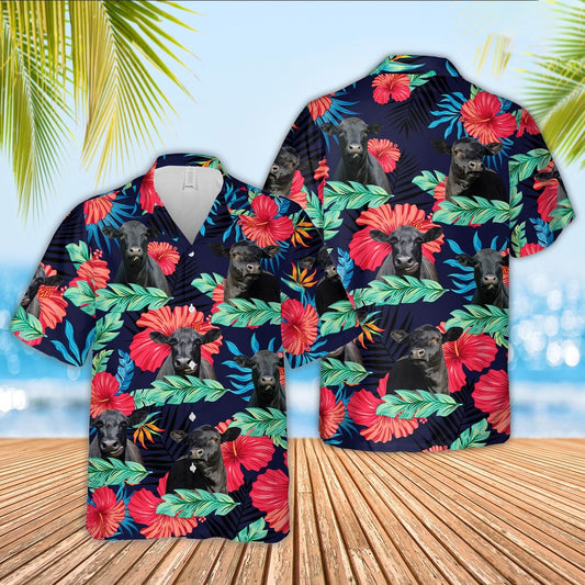 Black Angus Face Tropical Pattern Hawaiian Shirt, Farm Hawaiian Shirt, Farmer Hawaii