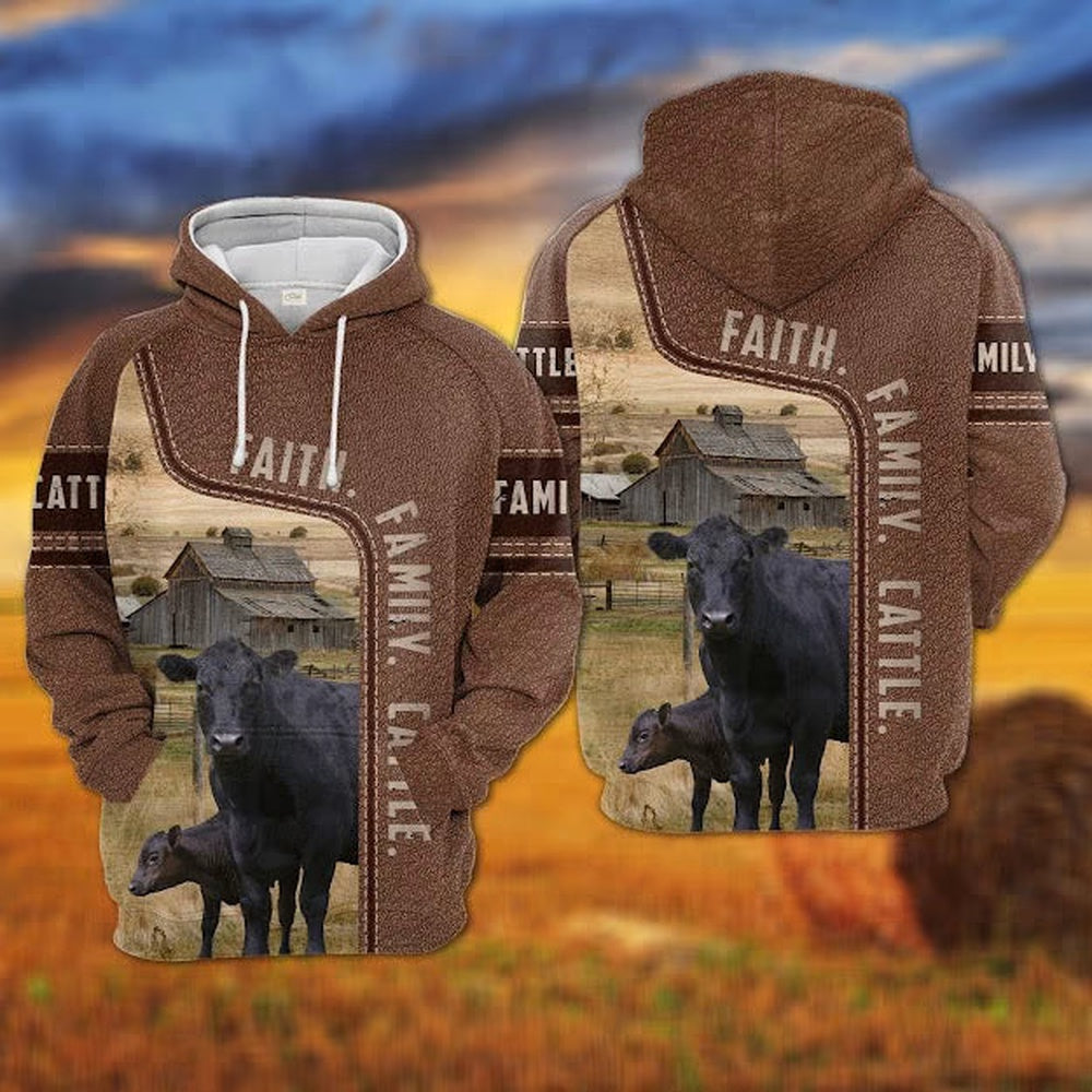 Black Angus Faith Family Cattle Personalized 3D Hoodie, Farmer Hoodie, Custom Farm Shirts, Farmer T Shirt
