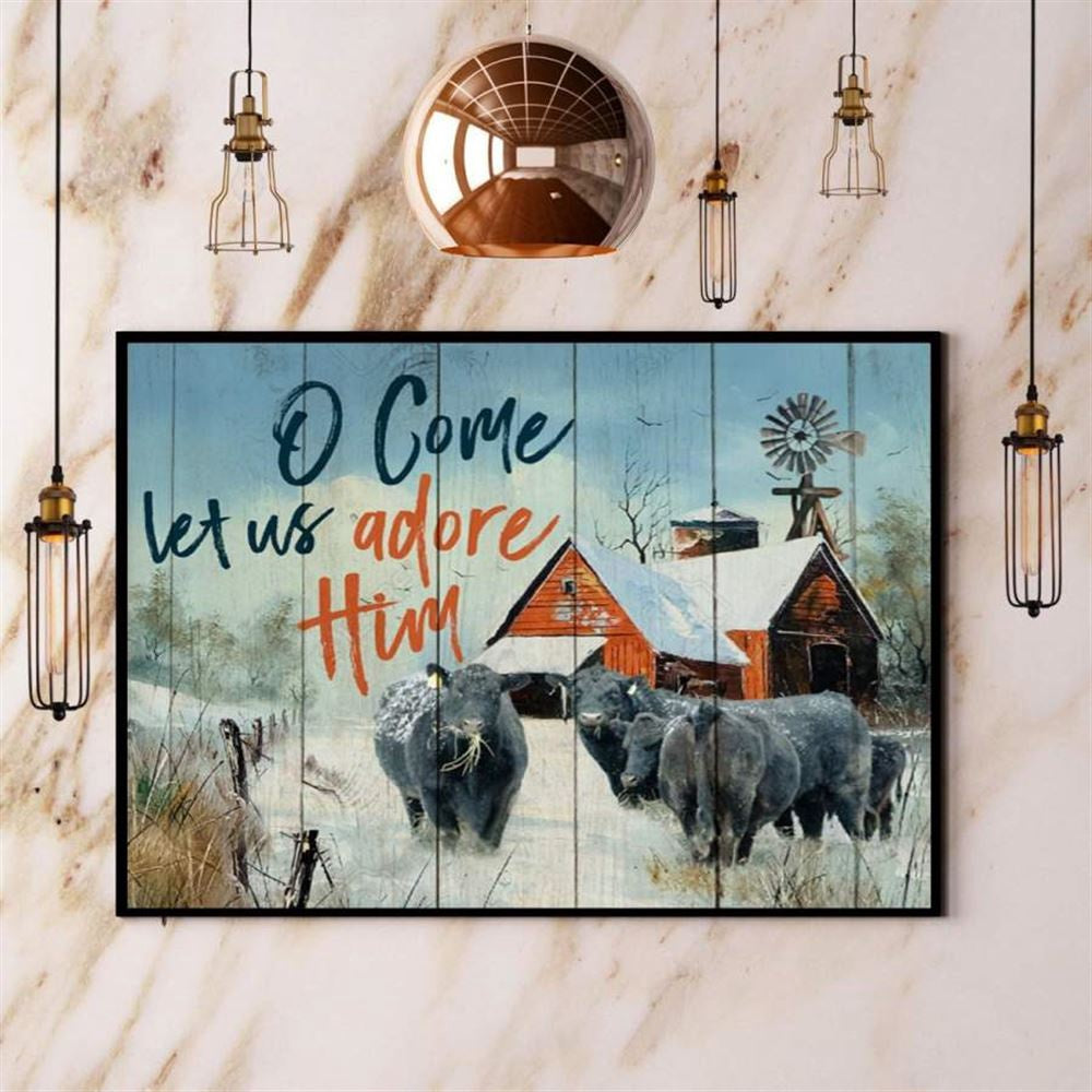 Black Angus Farm Christmas O Come Let Us Adore Him Winter Canvas, Farm Canvas, Farm Gift, Farm Home Decor