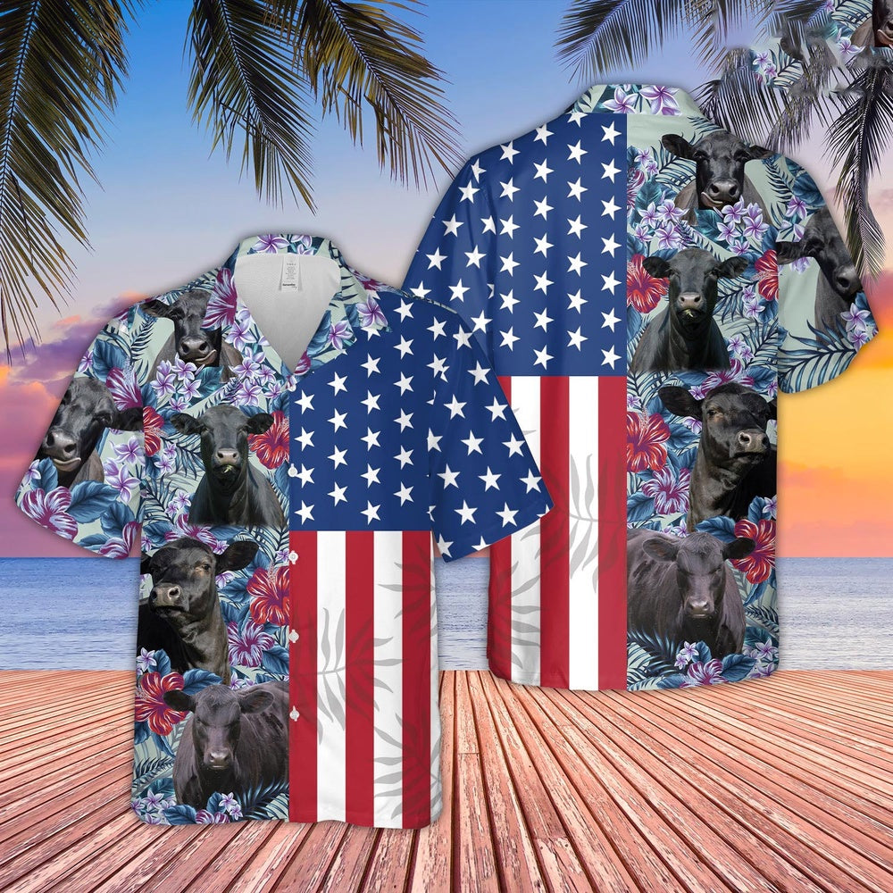 Black Angus Flower Pattern US Flag Hawaiian Shirt, Farm Hawaiian Shirt, Farmer Hawaii