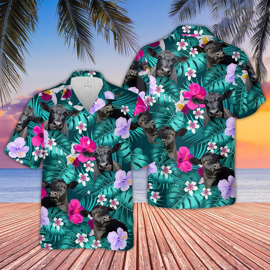 Black Angus Green Hibicus Tropical Pattern Hawaiian Shirt, Farm Hawaiian Shirt, Farmer Hawaii