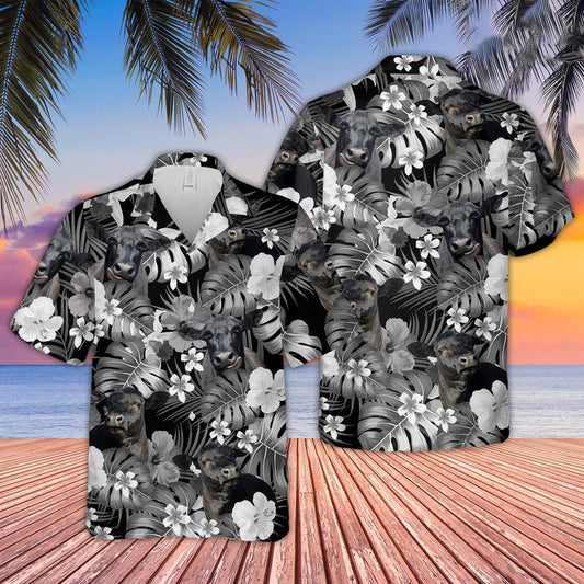 Black Angus Grey Hibicus Tropical Pattern Hawaiian Shirt, Farm Hawaiian Shirt, Farmer Hawaii