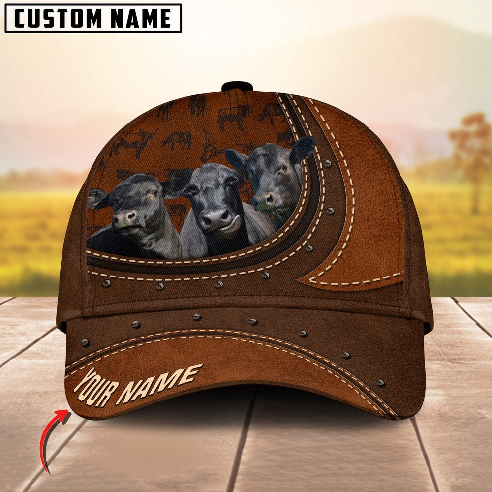 Black Angus Happiness Leather Pattern Art Customized Name Cap, Farmer Cap, Vintage Farmer Hat, Mens Farmer Hats, Cap For Farmers