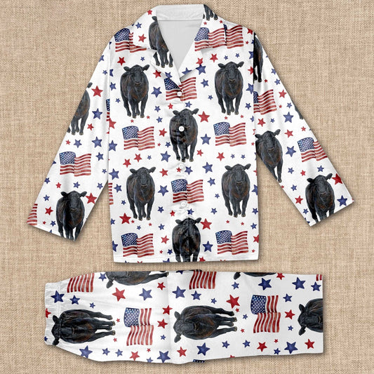 Black Angus Happy Star US Flag Pattern All Over Print Pajamas Sets, Farm Pajamas, Farm Animal Pajamas, Christmas Farm Pajamas