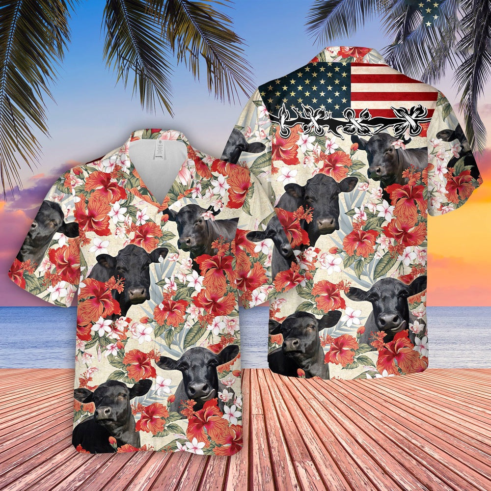 Black Angus Hibicus Floral US Flag Hawaiian Shirt, Farm Hawaiian Shirt, Farmer Hawaii