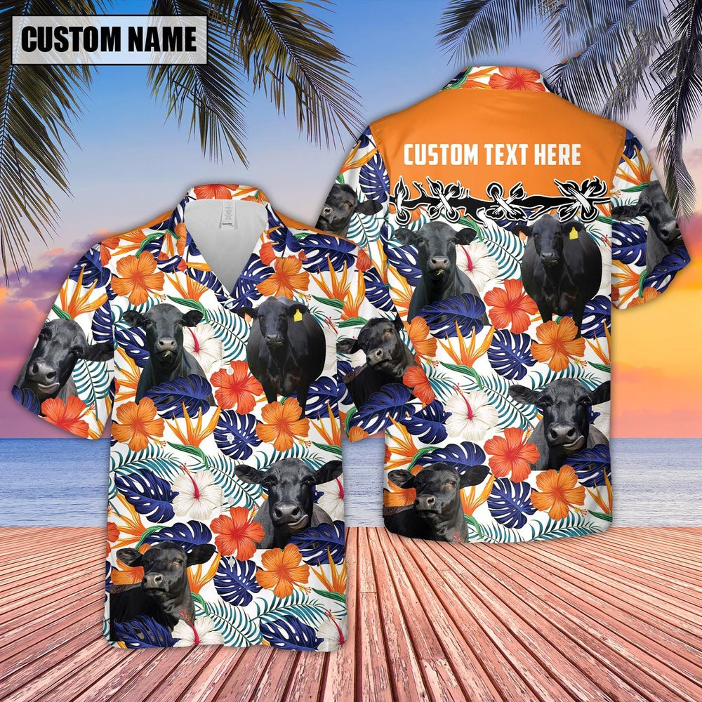 Black Angus Hibiscus Blue Floral Custom Name Hawaiian Shirt, Farm Hawaiian Shirt, Farmer Hawaii