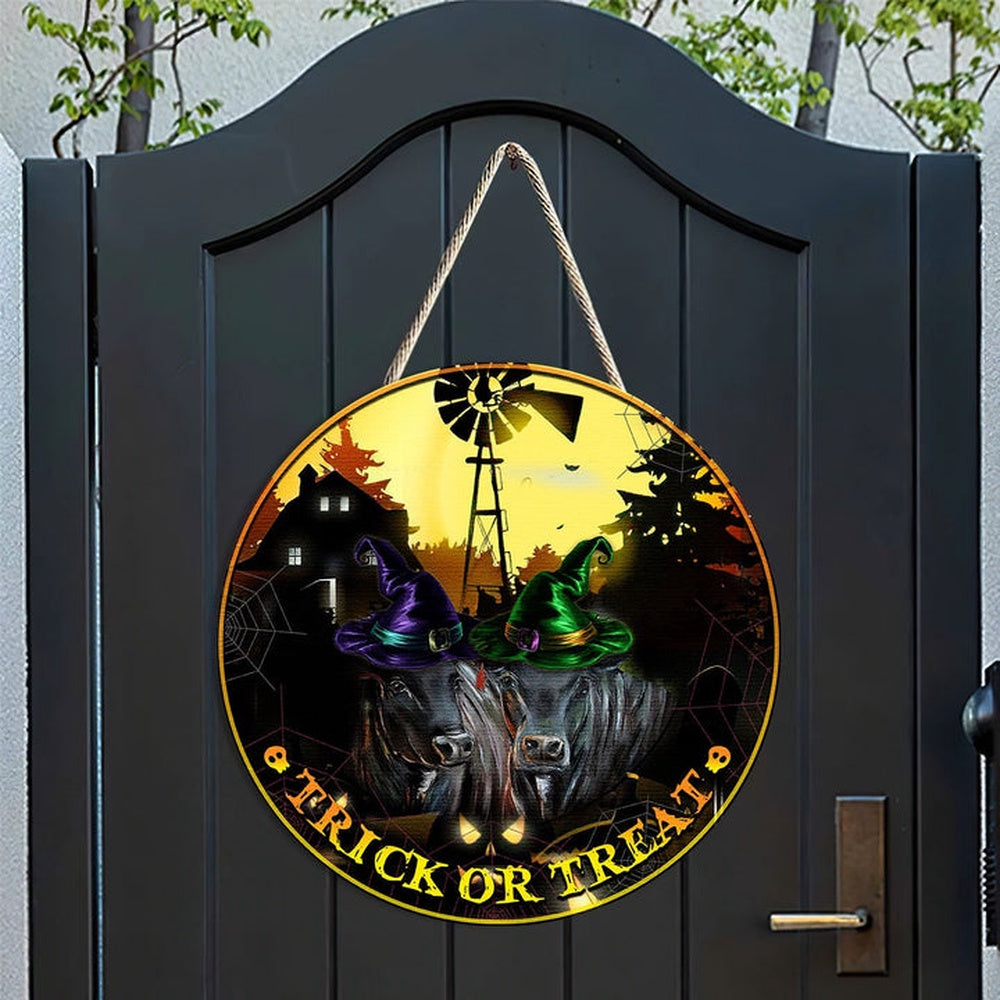 Black Angus In Trick Or Treat Happy Halloween Wooden Sign, Farm Wood Sign, Farmhouse Decor Wooden Signs