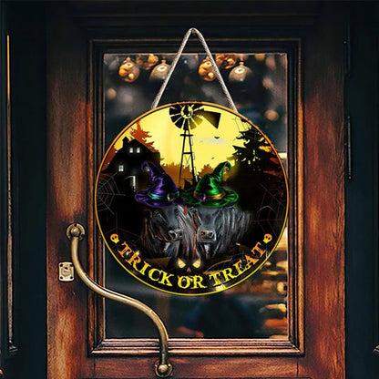 Black Angus In Trick Or Treat Happy Halloween Wooden Sign, Farm Wood Sign, Farmhouse Decor Wooden Signs