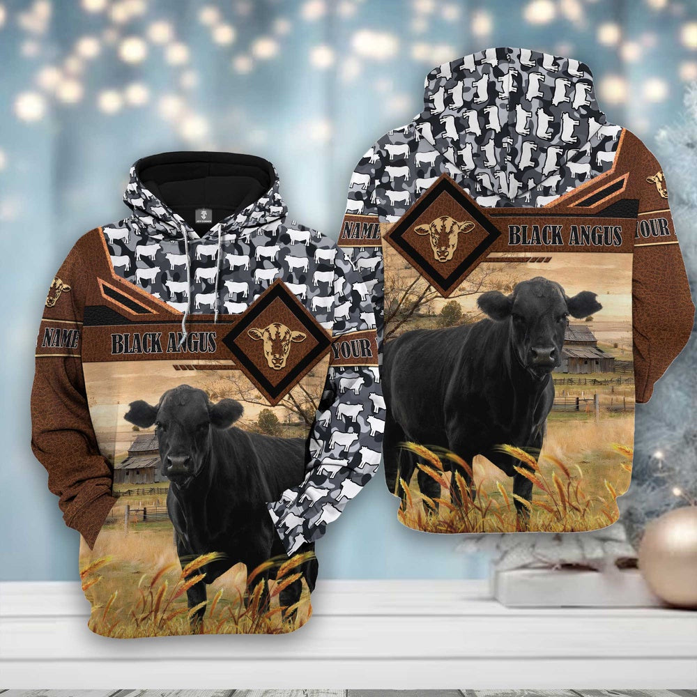 Black Angus Leather Camo Pattern on Farm All Over Printed Hoodie, Farmer Hoodie, Farm Themed Shirts, Farm Tee Shirts