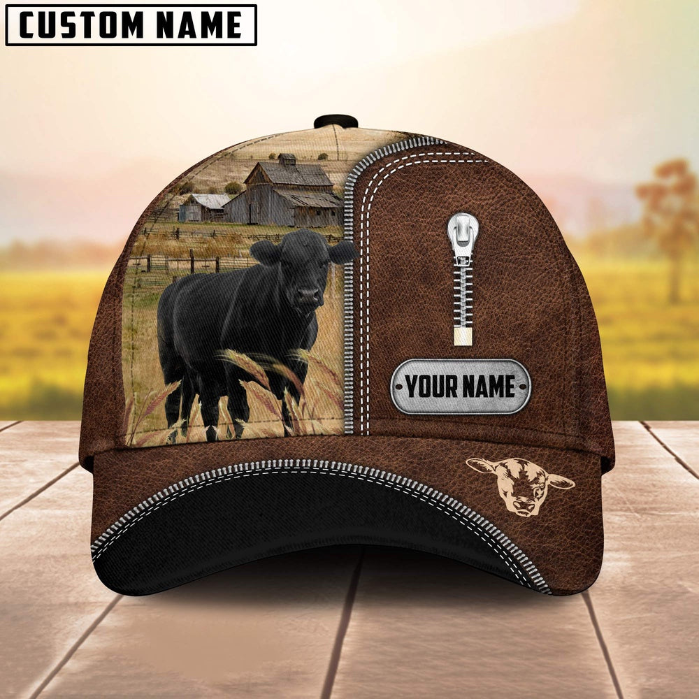 Black Angus Leather Zip Pattern Customized Name Cap, Farmer Cap, Vintage Farmer Hat, Mens Farmer Hats, Cap For Farmers